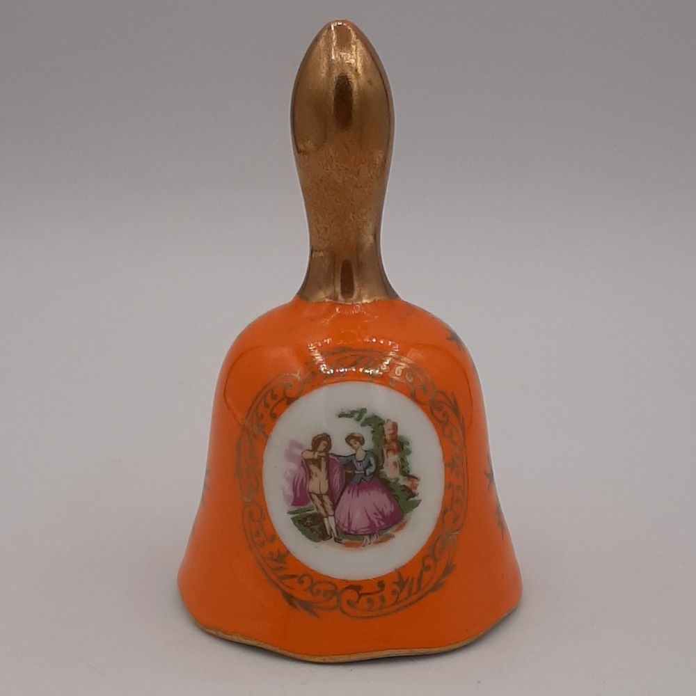 Vintage Enesco Porcelain Collectible Bell Courting Couple Bright Orange Gold